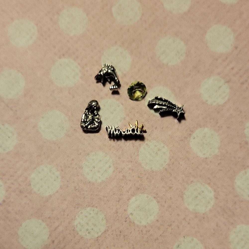 Set Of 5 Silver and Green Crystal Charm